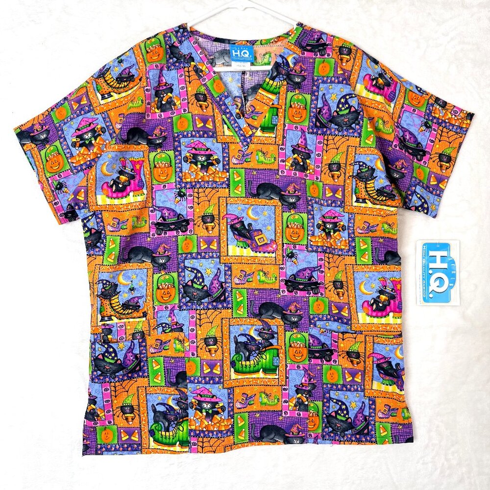 NEW HQ Scrub Fun Halloween Pumpkin Cat Candy Medical Nurse V Neck Top Womens M